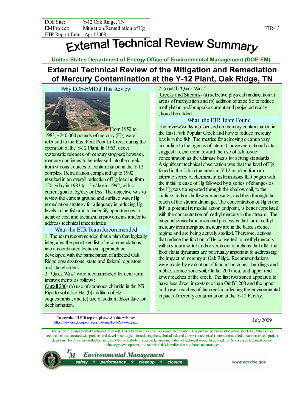 Recommendations to Address Technical Uncertainties in the Mitigation and Remediation of Mercury Contamination at the Y-12 Plant, Oak Ridge, Tennessee