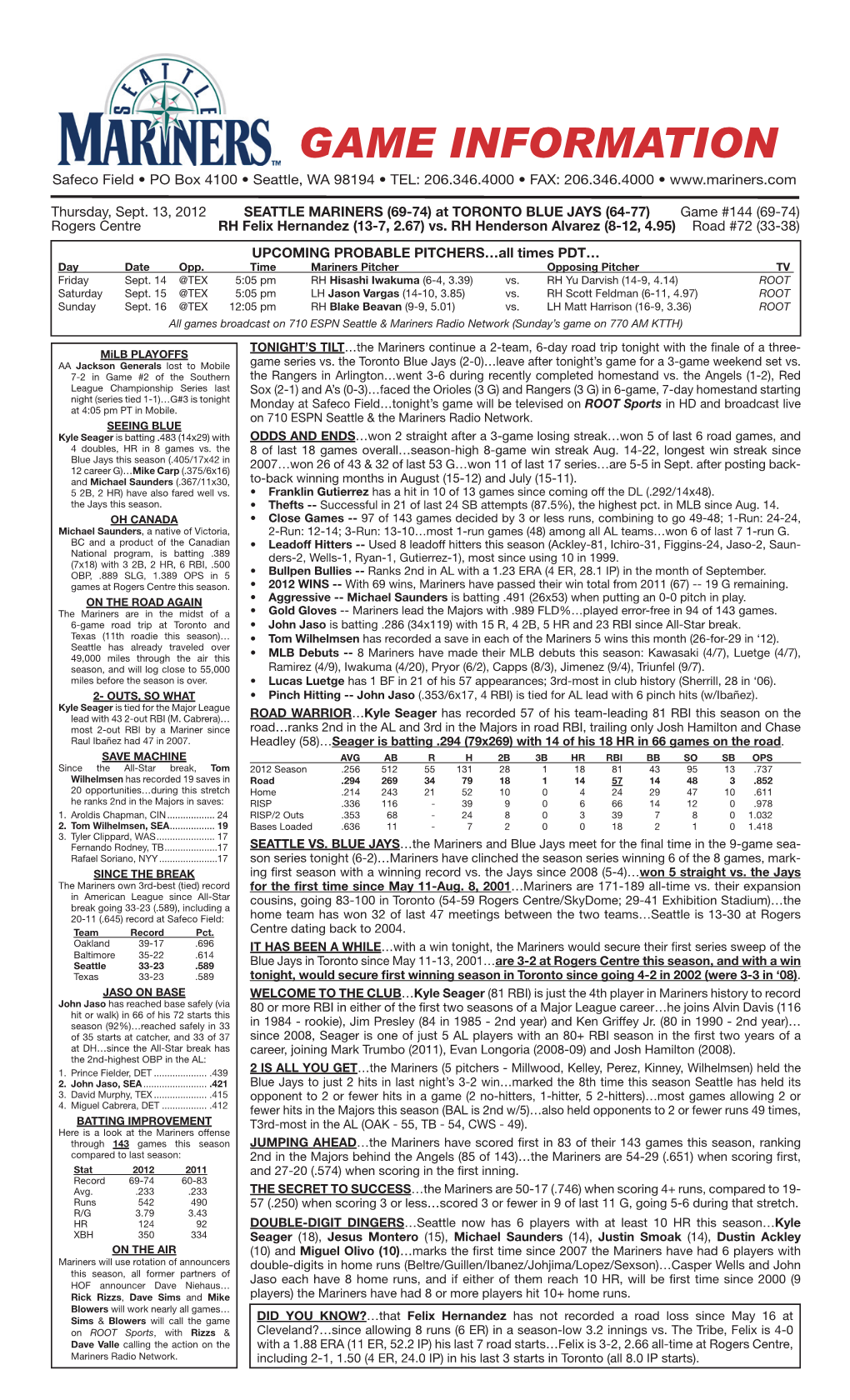 Mariners Game Notes • THURSDAY • SEPTEMBER 13, 2012 • at TORONTO BLUE JAYS • Page 2