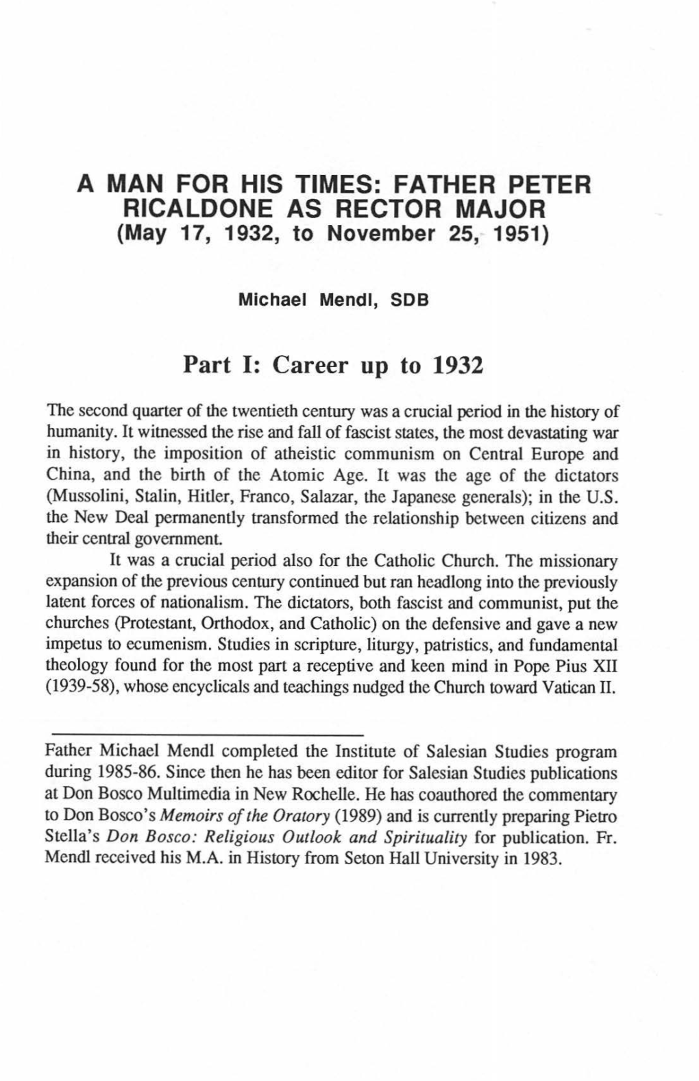 FATHER PETER RICALDONE AS RECTOR MAJOR Part I