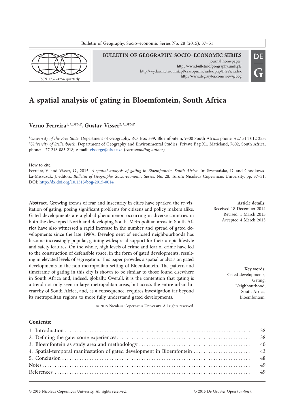 A Spatial Analysis of Gating in Bloemfontein, South Africa