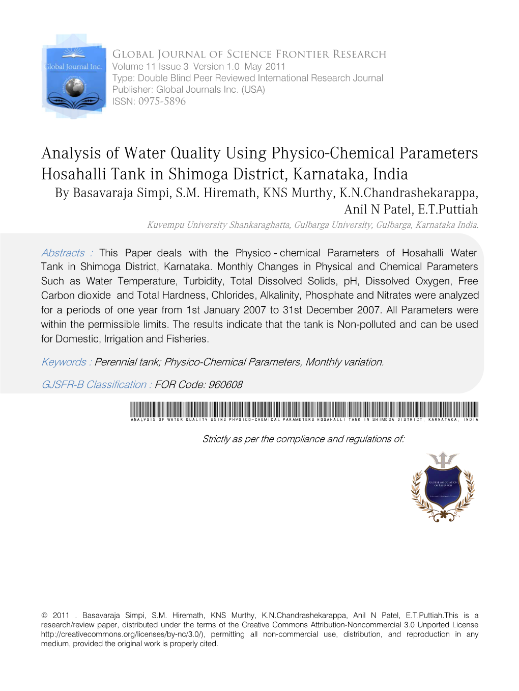 Analysis of Water Quality Using Physico-Chemical Parameters Hosahalli Tank in Shimoga District, Karnataka, India by Basavaraja Simpi, S.M