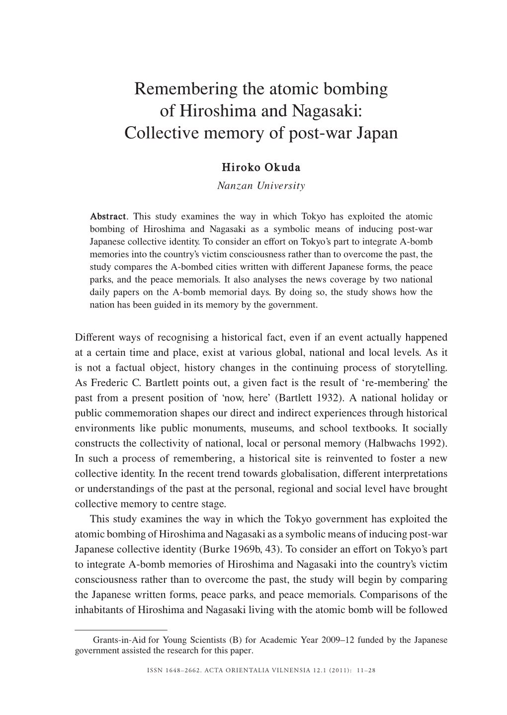 Remembering the Atomic Bombing of Hiroshima and Nagasaki: Collective Memory of Post-War Japan