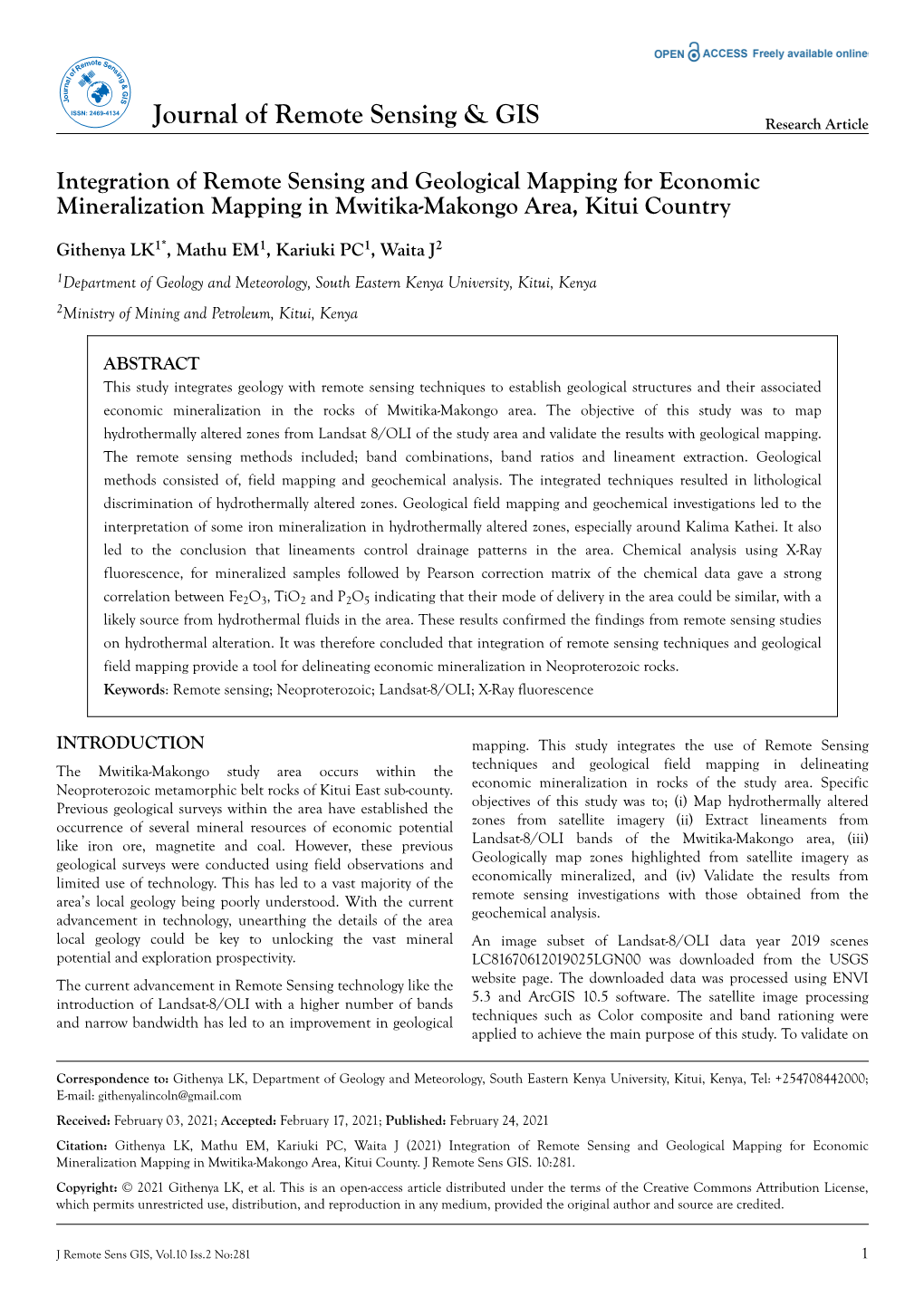 Integration of Remote Sensing and Geological Mapping for Economic Mineralization Mapping in Mwitika-Makongo Area, Kitui Country