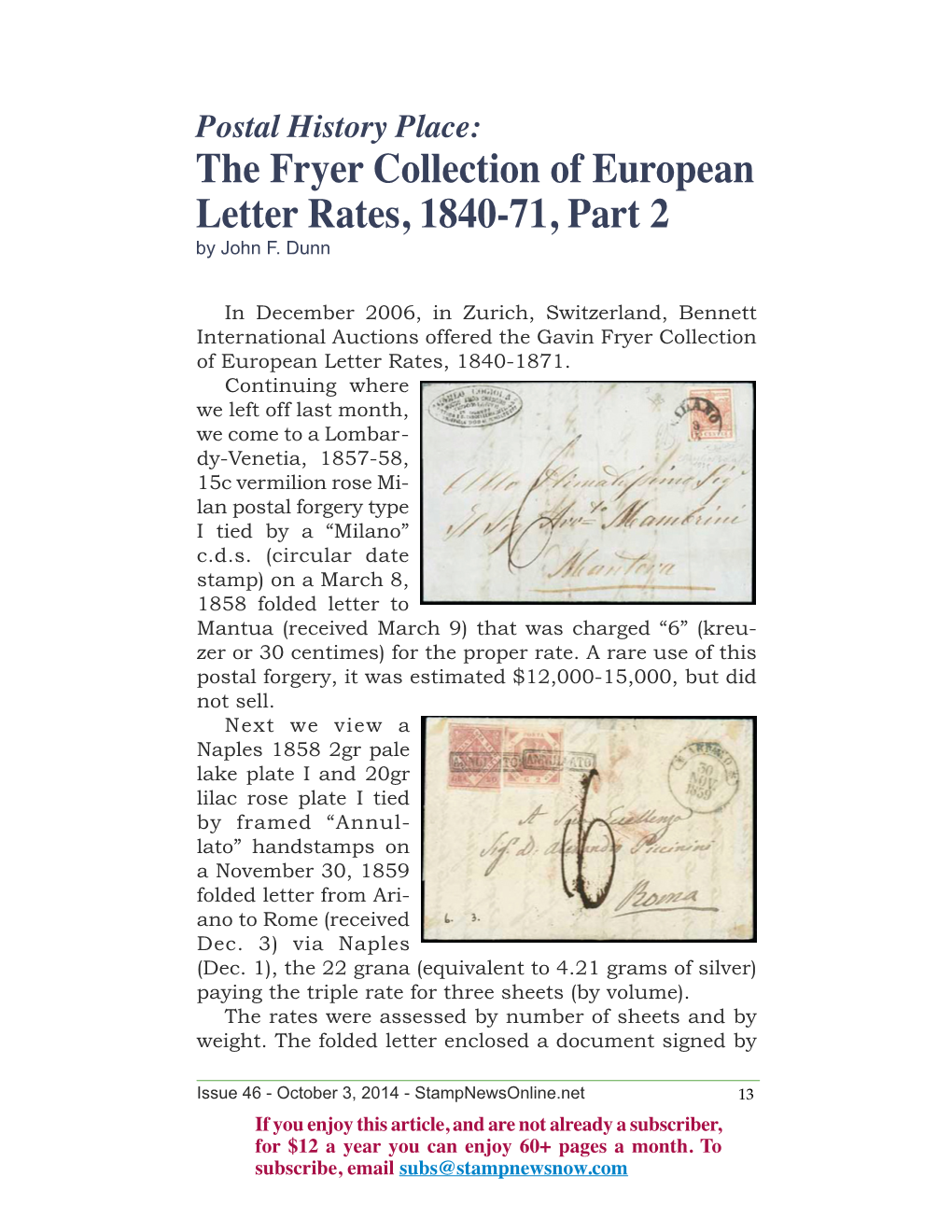 The Fryer Collection of European Letter Rates, 1840-71, Part 2 by John F