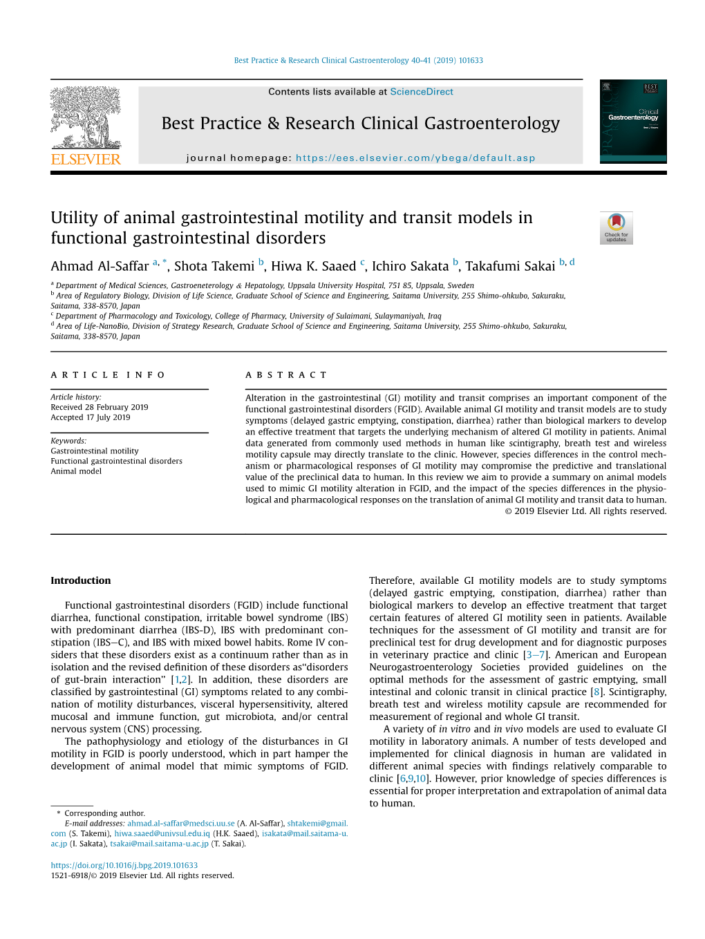 Utility of Animal Gastrointestinal Motility and Transit Models in Functional Gastrointestinal Disorders