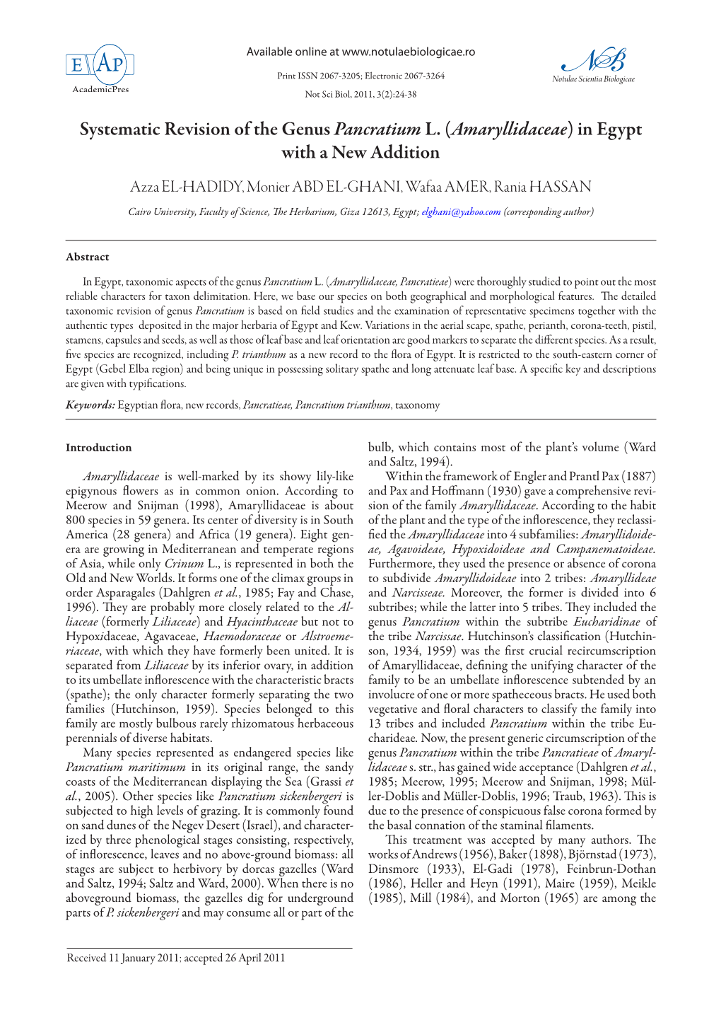 Systematic Revision of the Genus Pancratium L.(Amaryllidaceae) in Egypt with a New Addition