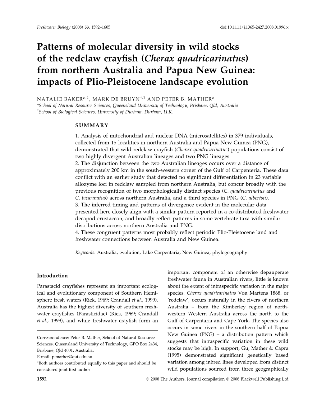 Cherax Quadricarinatus) from Northern Australia and Papua New Guinea: Impacts of Plio-Pleistocene Landscape Evolution