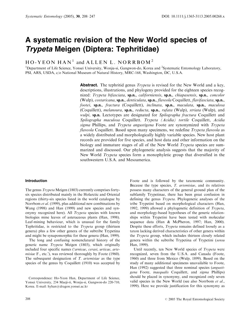 A Systematic Revision of the New World Species of Trypeta Meigen (Diptera: Tephritidae)