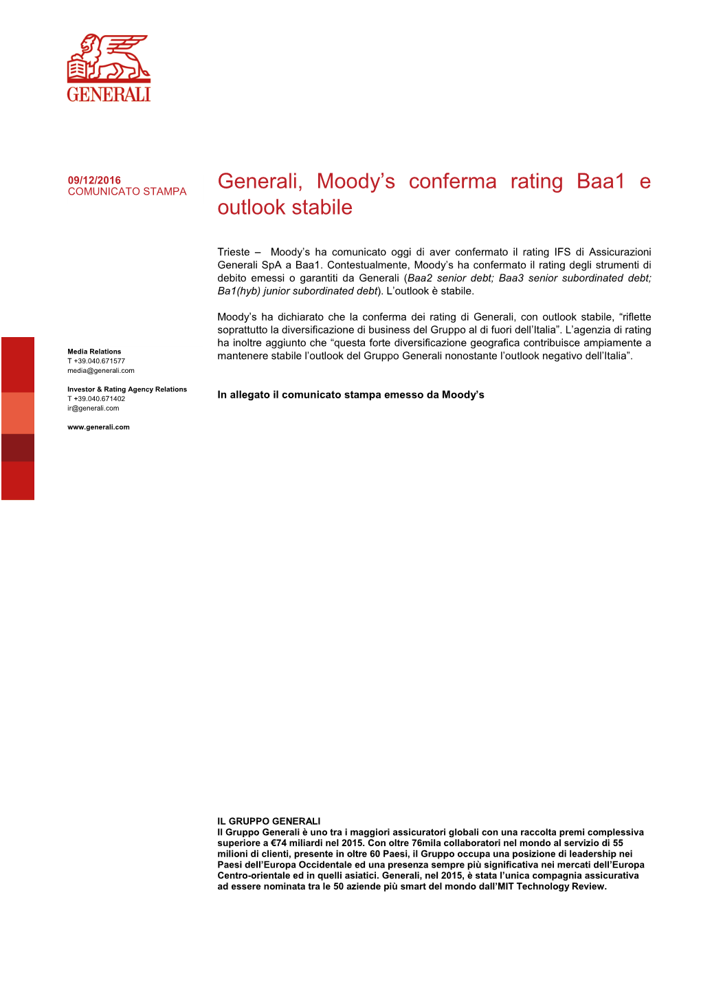 Generali, Moody's Conferma Rating Baa1 E Outlook Stabile