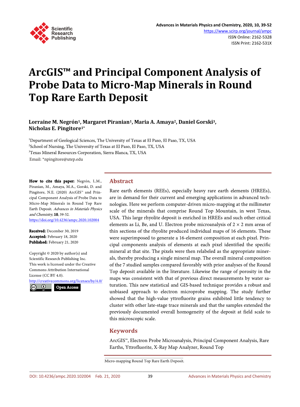 Arcgis™ and Principal Component Analysis of Probe Data to Micro-Map Minerals in Round Top Rare Earth Deposit