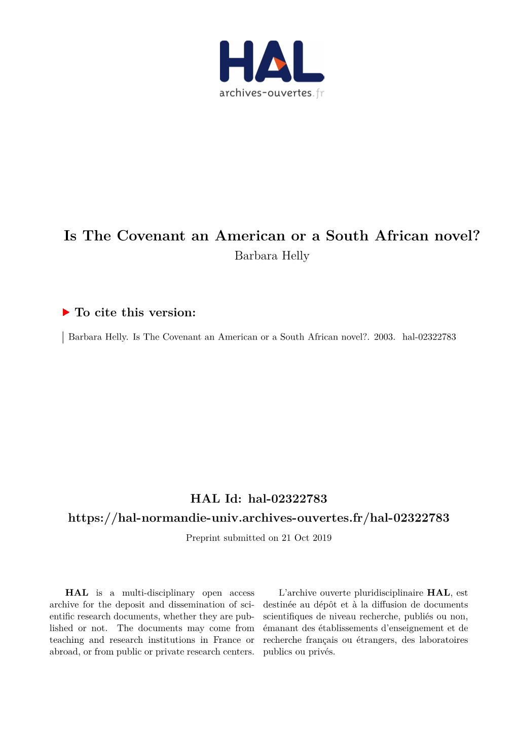 Is the Covenant an American Or a South African Novel? Barbara Helly