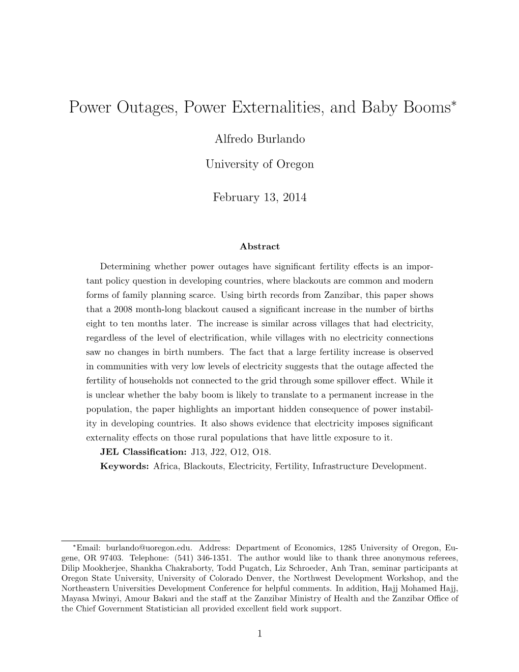 Power Outages, Power Externalities, and Baby Booms∗
