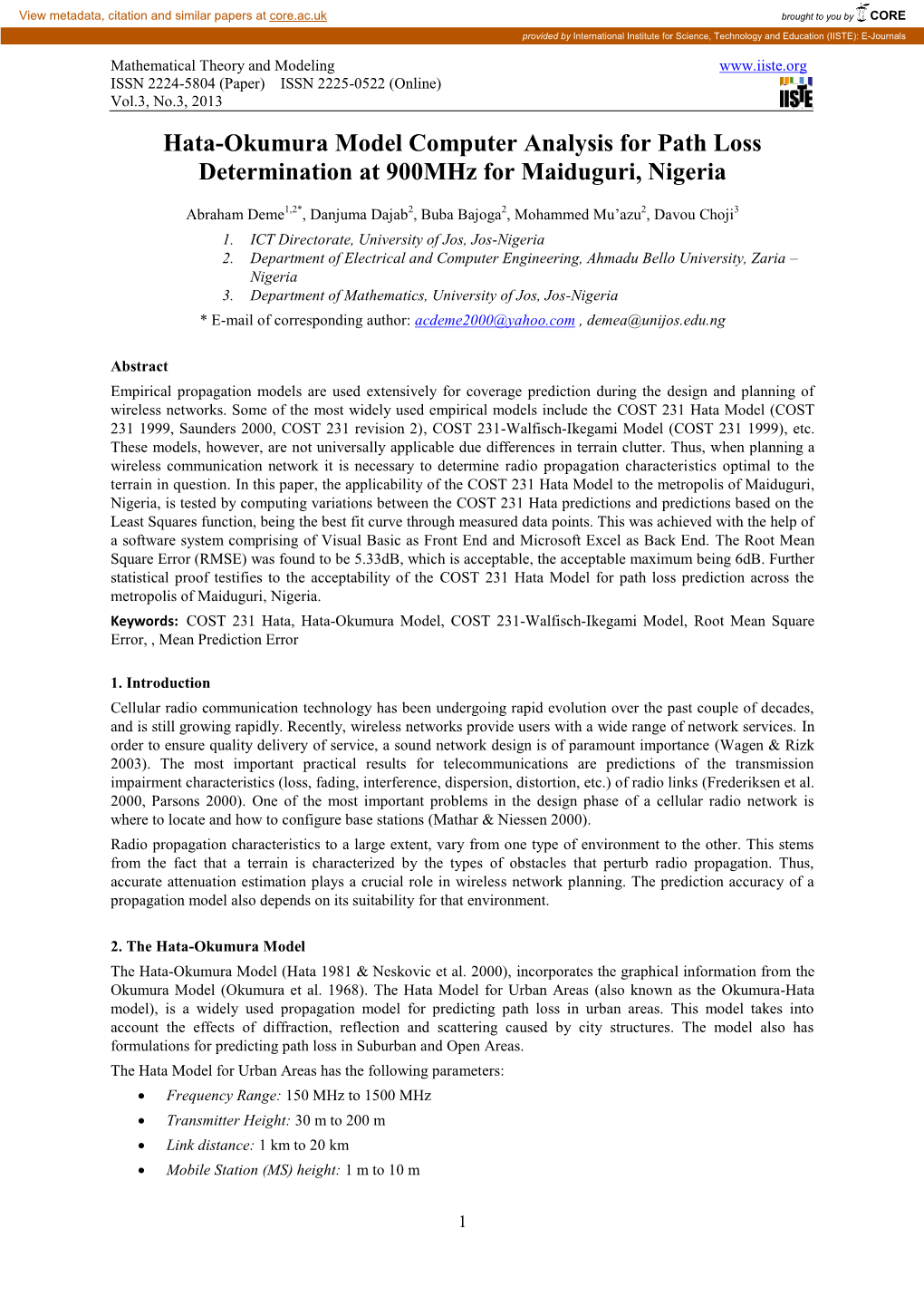 Hata-Okumura Model Computer Analysis for Path Loss Determination at 900Mhz for Maiduguri, Nigeria