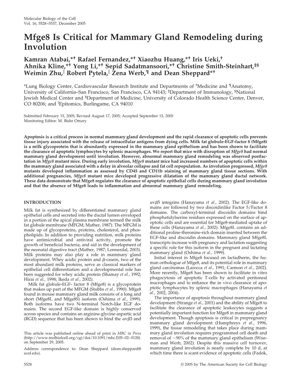 Mfge8 Is Critical for Mammary Gland Remodeling During Involution