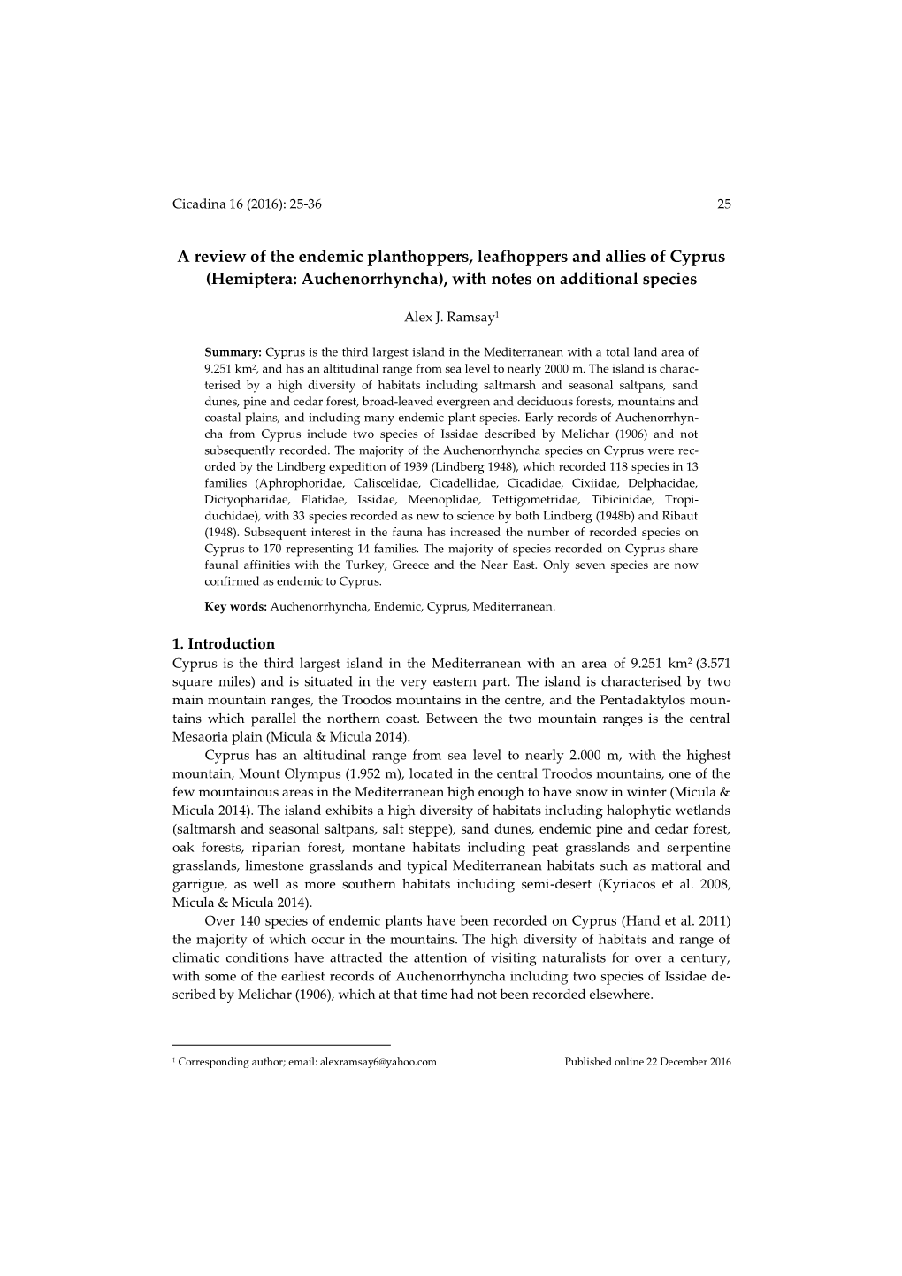 A Review of the Endemic Planthoppers, Leafhoppers and Allies of Cyprus (Hemiptera: Auchenorrhyncha), with Notes on Additional Species