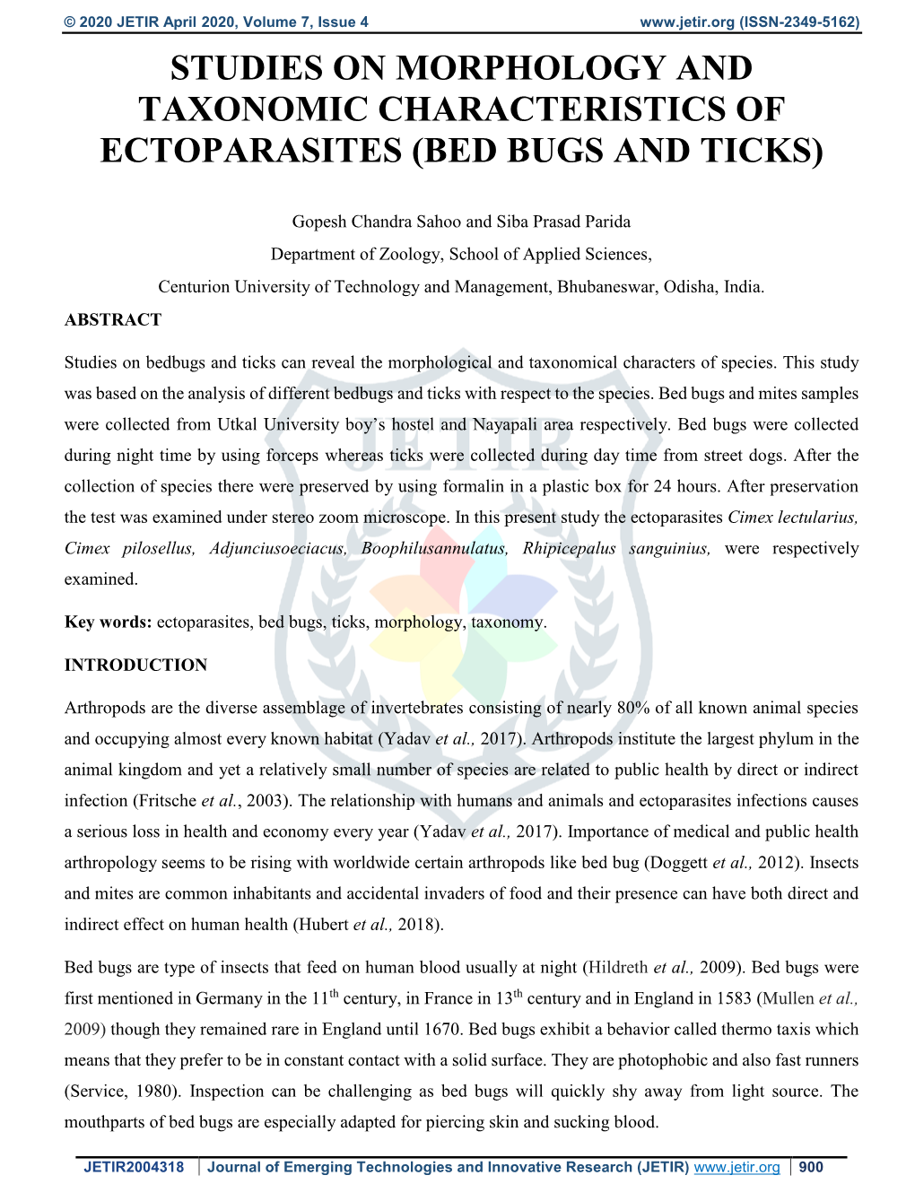 Studies on Morphology and Taxonomic Characteristics of Ectoparasites (Bed Bugs and Ticks)