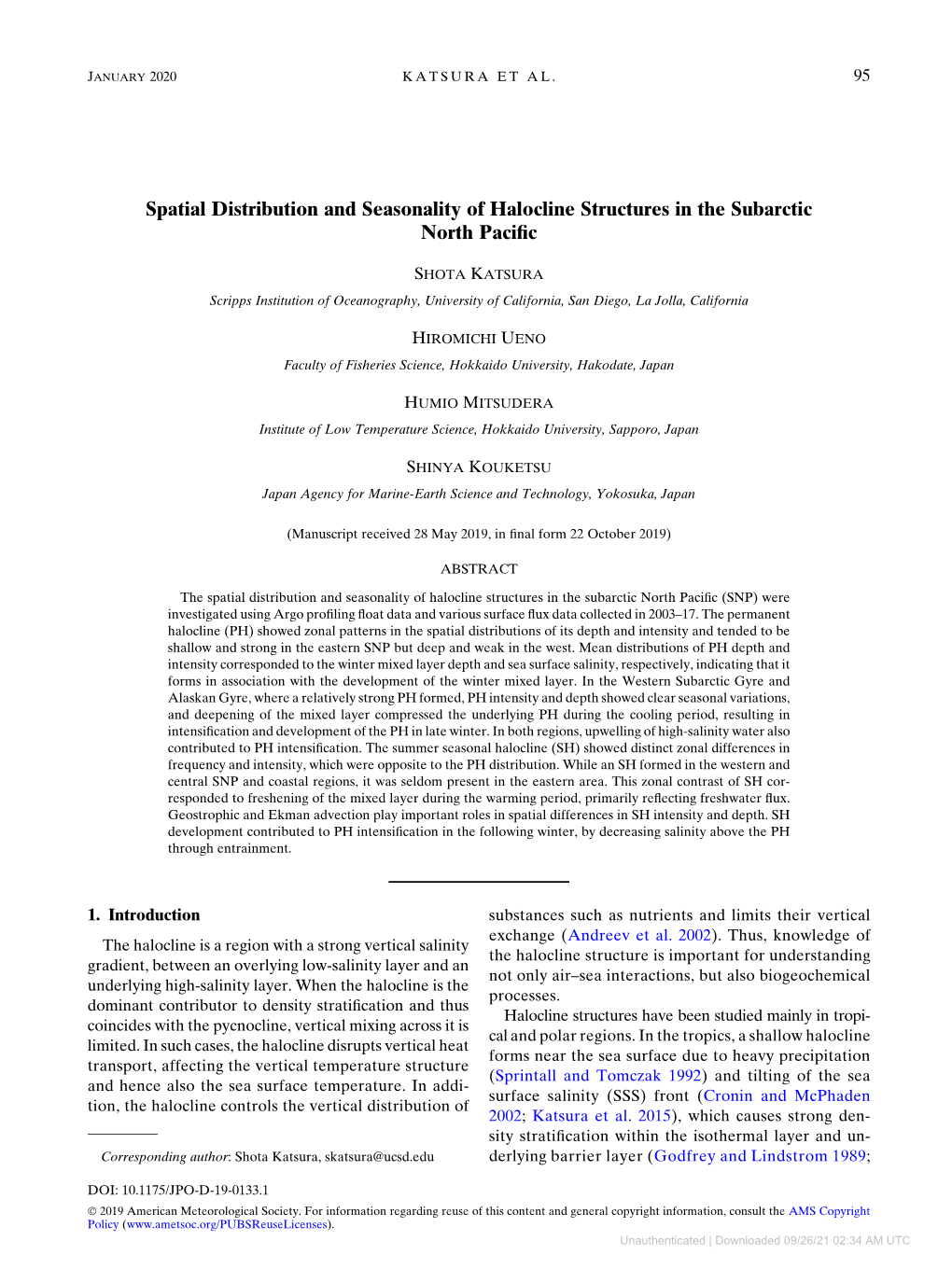 Spatial Distribution and Seasonality of Halocline Structures in the Subarctic North Paciﬁc