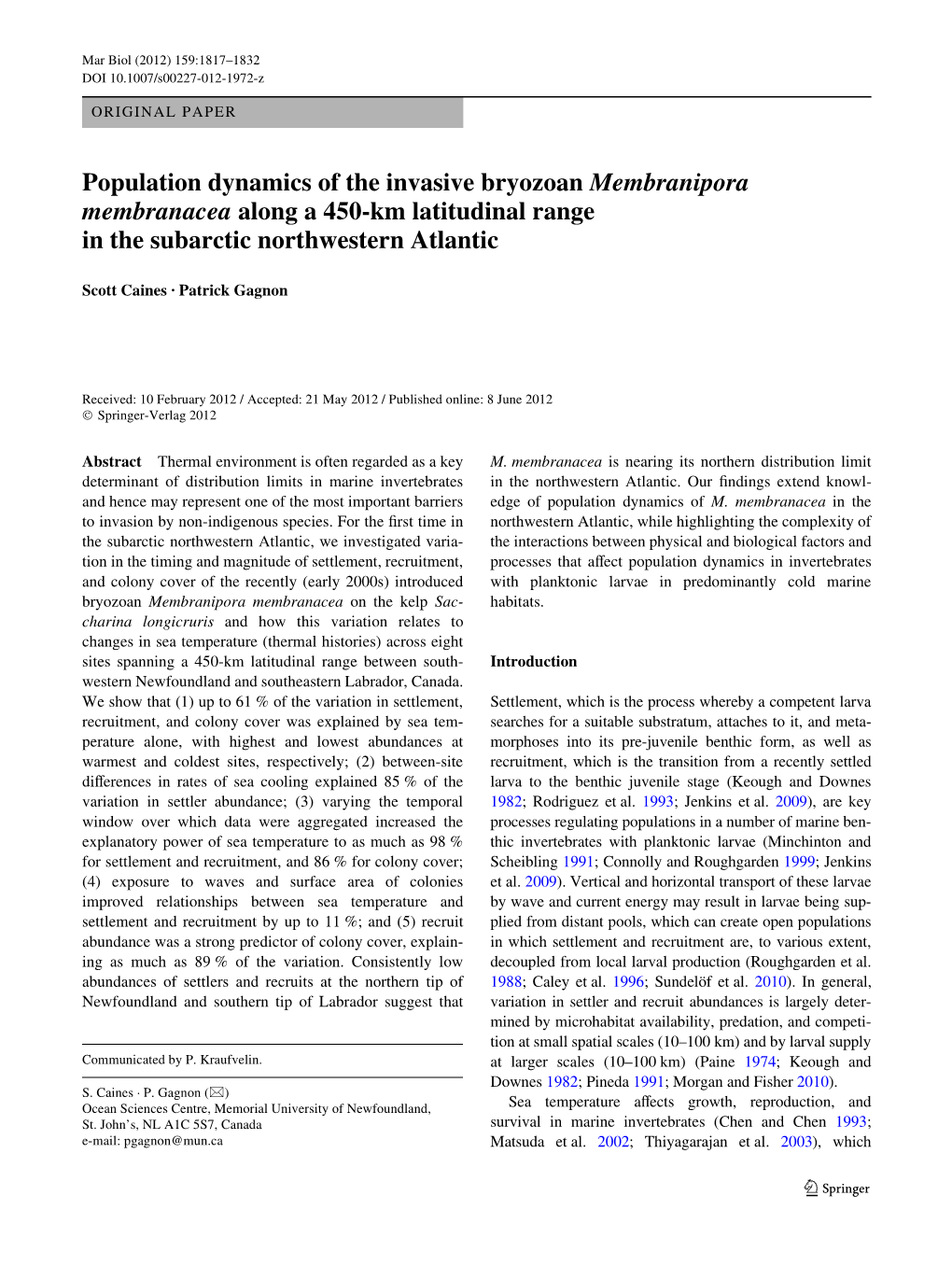 Population Dynamics of the Invasive Bryozoan Membranipora Membranacea Along a 450-Km Latitudinal Range in the Subarctic Northwestern Atlantic