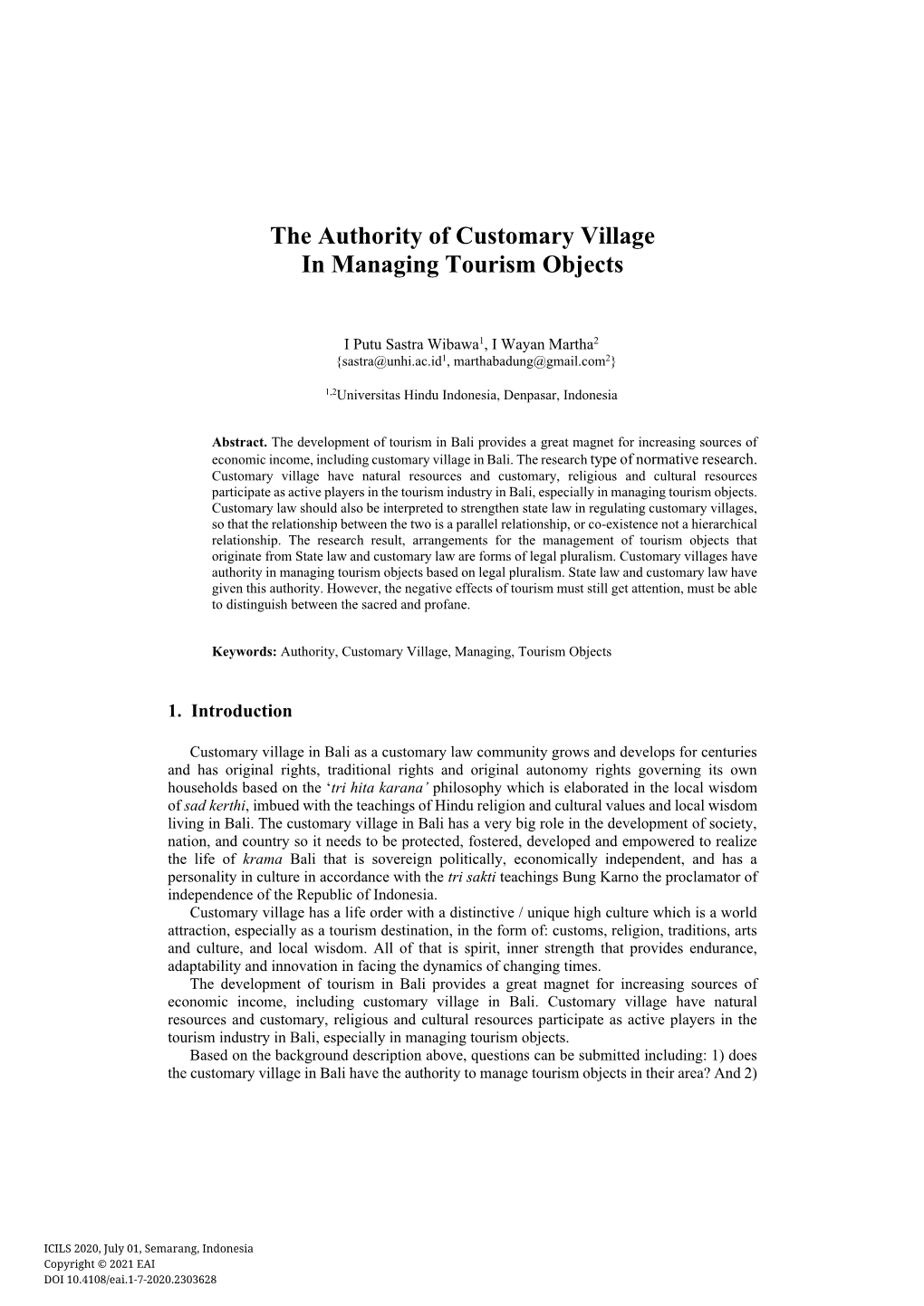 The Authority of Customary Village in Managing Tourism Objects