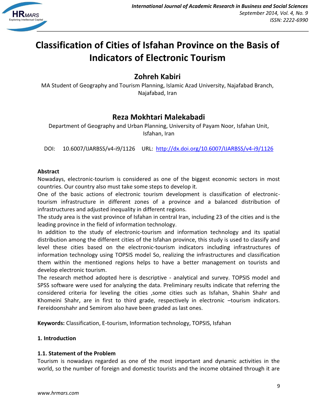 Classification of Cities of Isfahan Province on the Basis of Indicators of Electronic Tourism