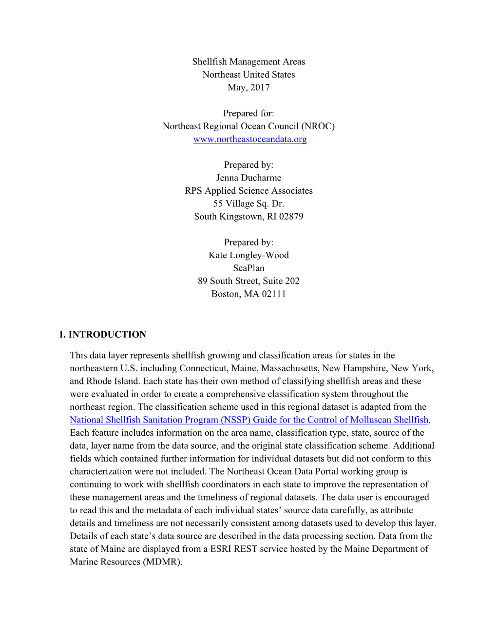 Shellfish Management Areas Northeast United States May, 2017