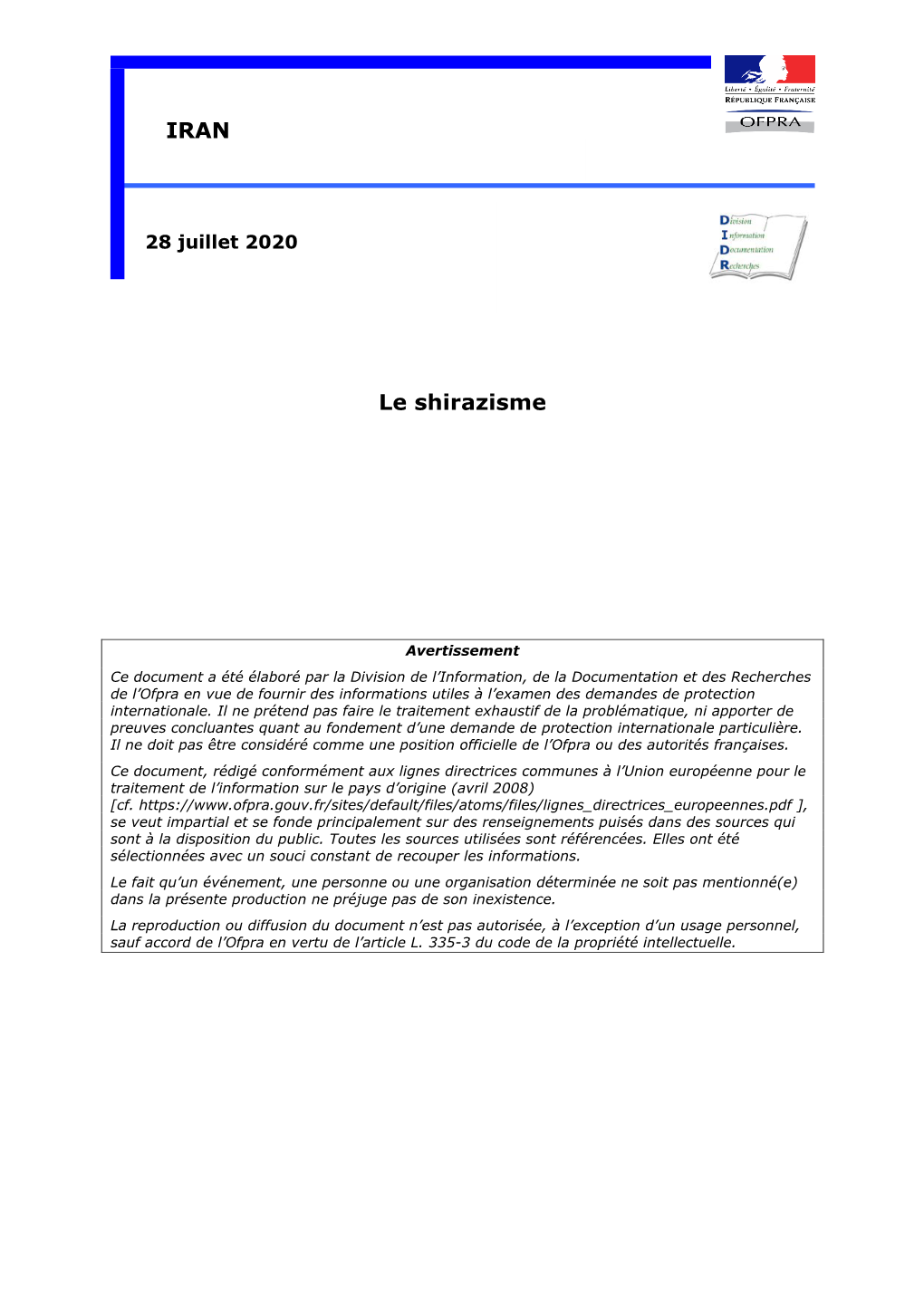 DIDR, Iran : Le Shirazisme, Ofpra, 28/07/2020