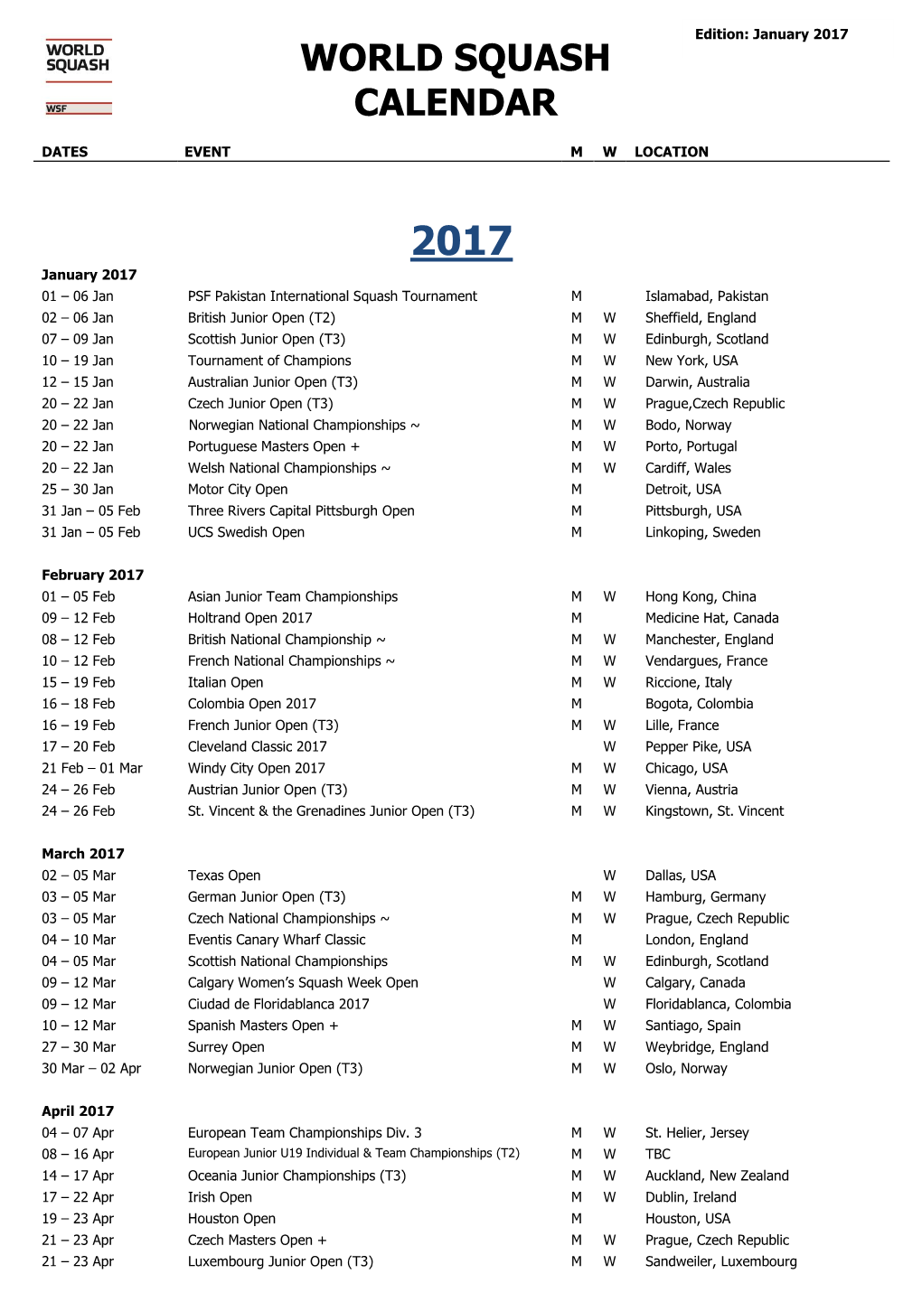 World Squash Calendar