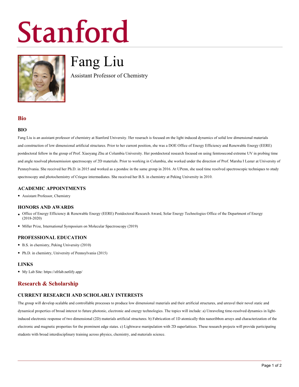 Fang Liu Assistant Professor of Chemistry