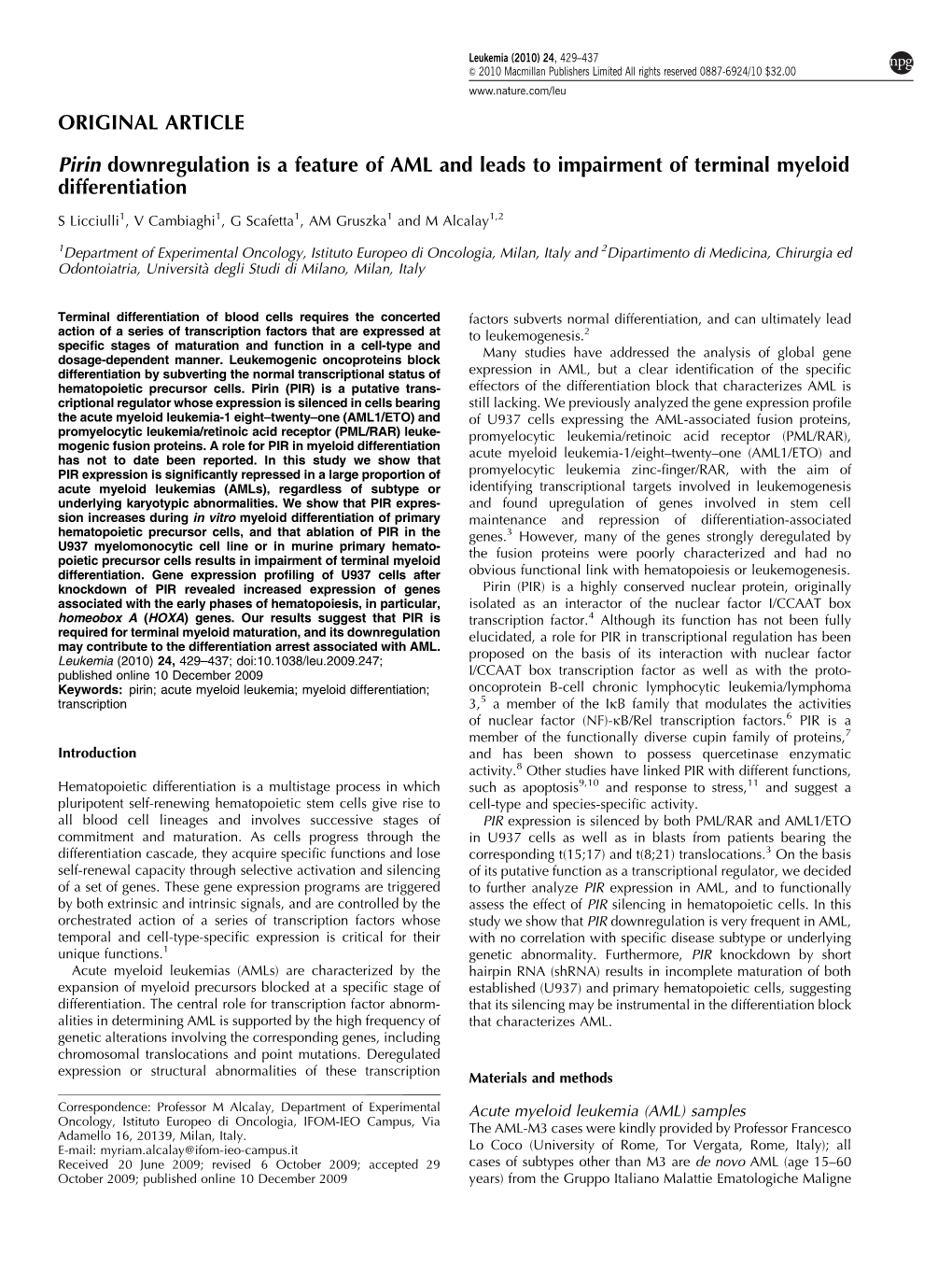 Pirin Downregulation Is a Feature of AML and Leads to Impairment of Terminal Myeloid Differentiation