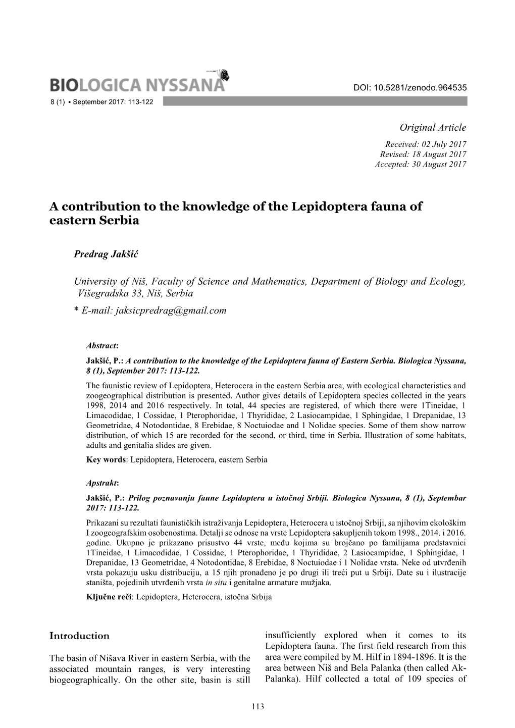 Jakšić, P.: a Contribution to the Knowledge of the Lepidoptera Fauna of Eastern Serbia