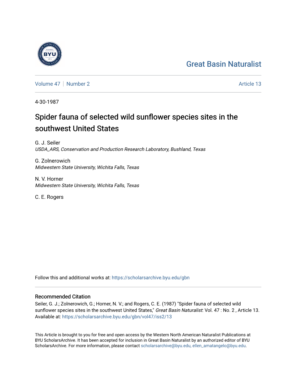 Spider Fauna of Selected Wild Sunflower Species Sites in the Southwest United States