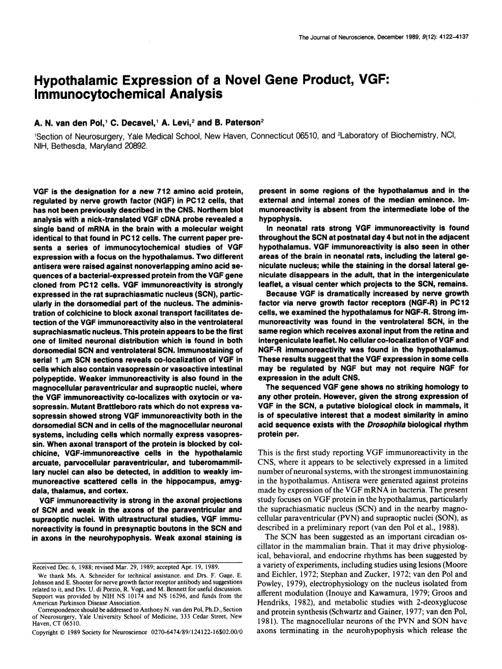 Hypothalamic Expression of a Lmmunocytochemical Analysis Novel Product