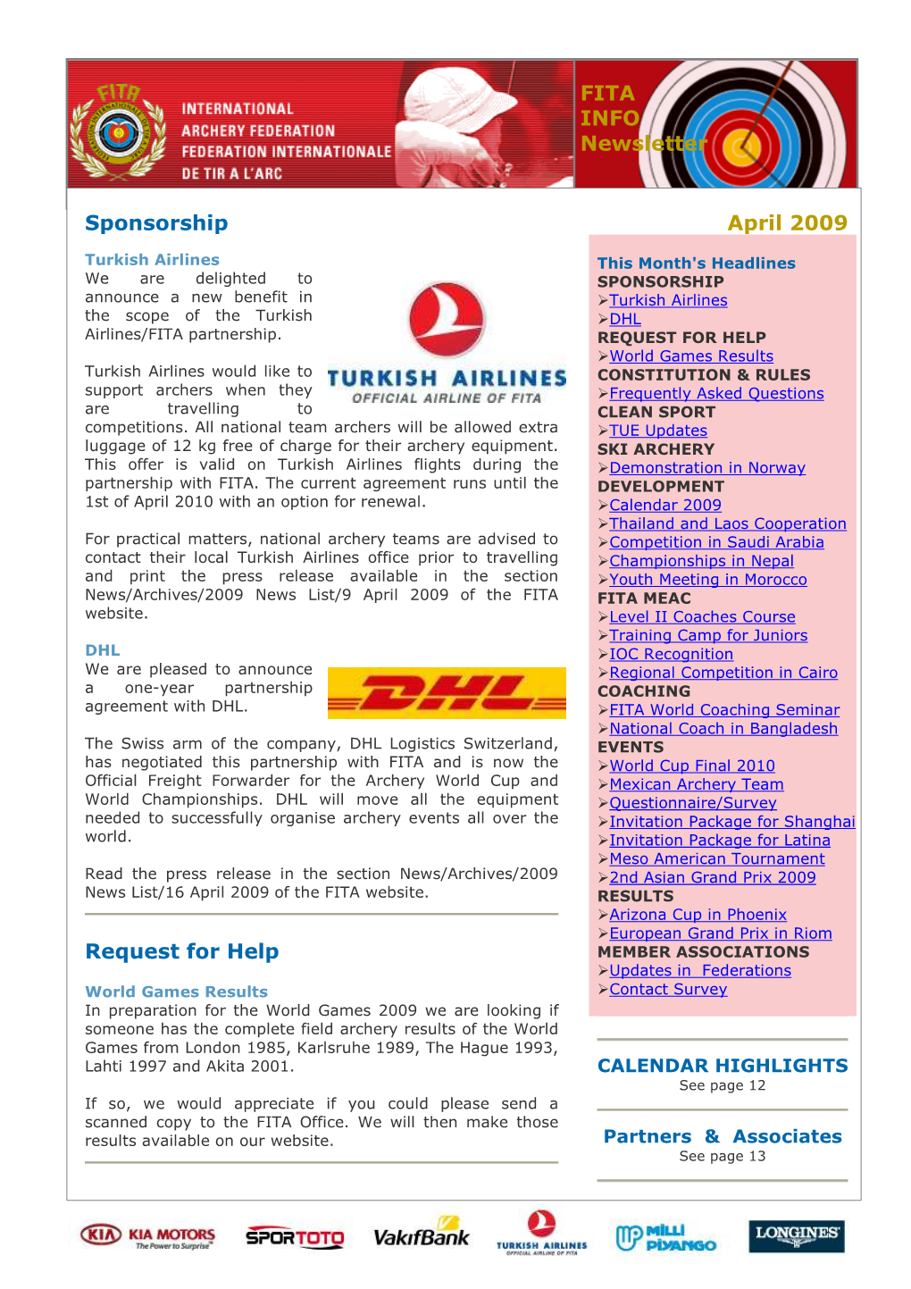 FITA INFO Newsletter Sponsorship Request for Help April 2009