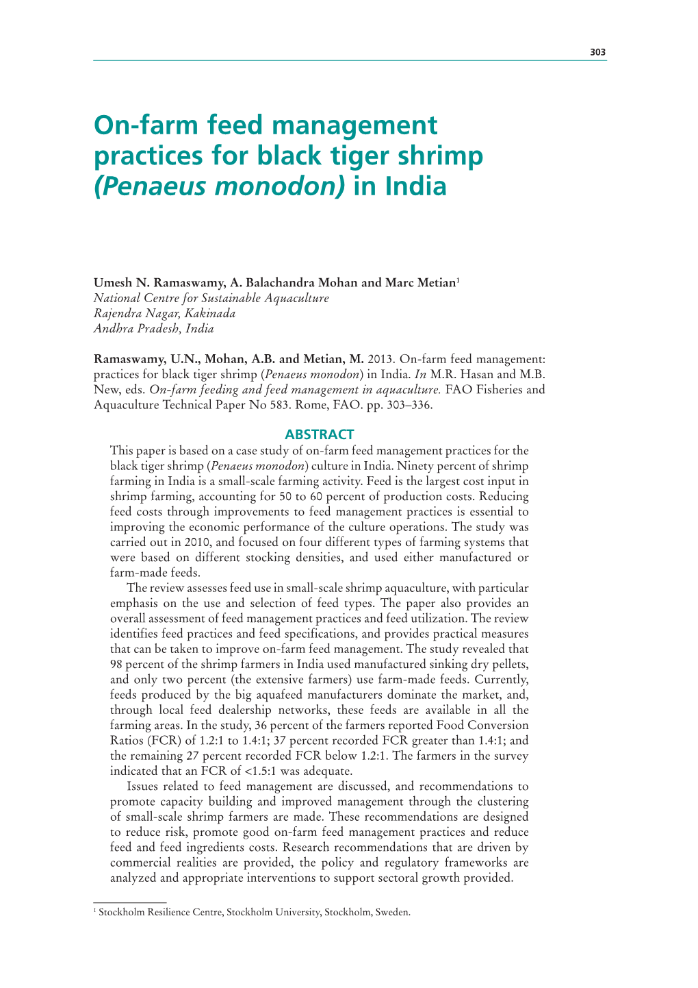 On-Farm Feed Management Practices for Black Tiger Shrimp (Penaeus Monodon) in India