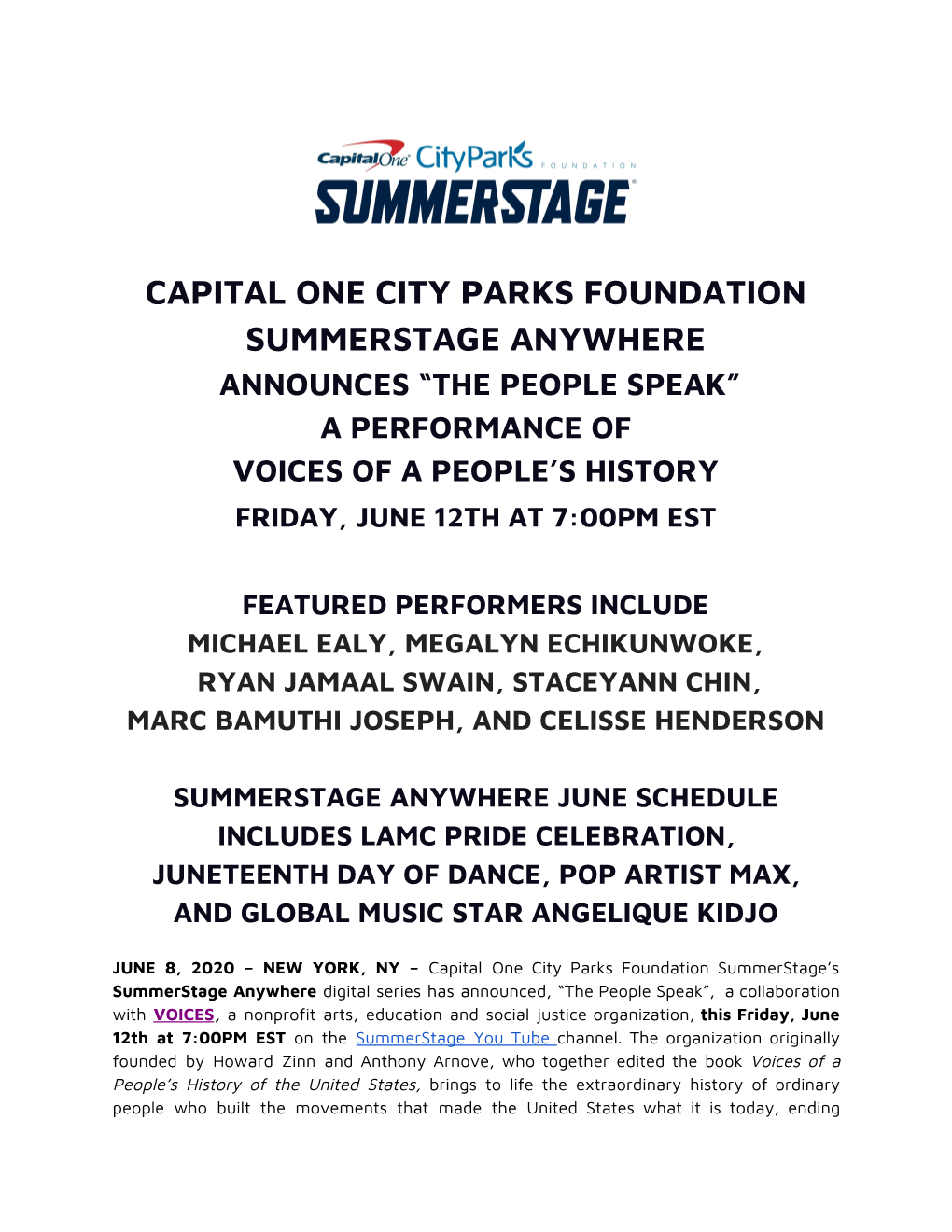 Capital One City Parks Foundation Summerstage Anywhere Announces “The People Speak” a Performance of Voices of a People’S History Friday, June 12Th at 7:00Pm Est