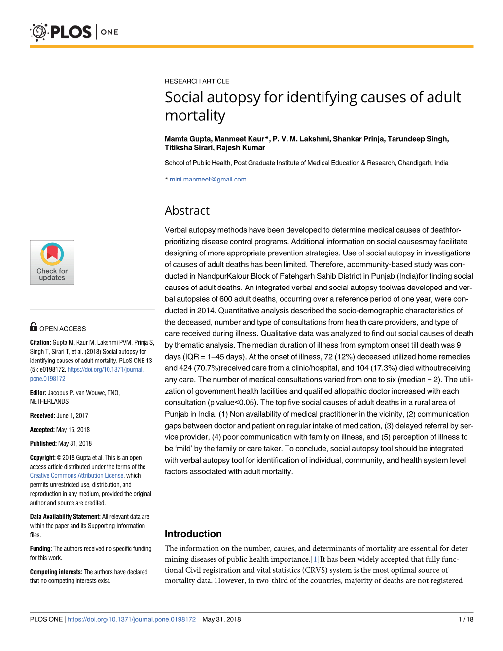 Social Autopsy for Identifying Causes of Adult Mortality