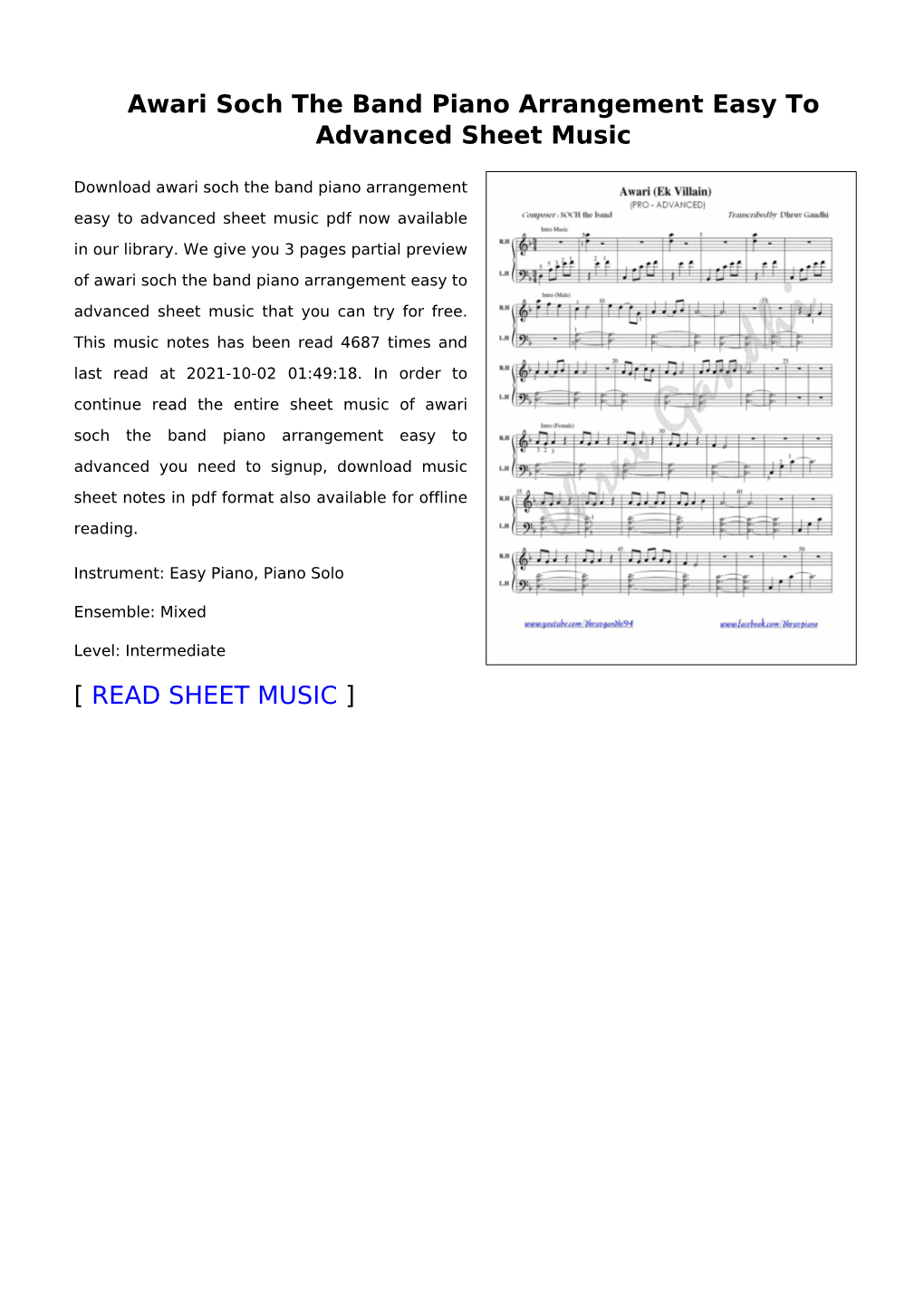 Awari Soch the Band Piano Arrangement Easy to Advanced Sheet Music