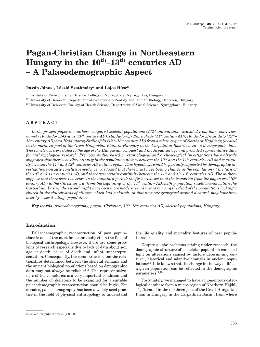 Pagan-Christian Change in Northeastern Hungary in the 10Th–13Th Centuries AD – a Palaeodemographic Aspect