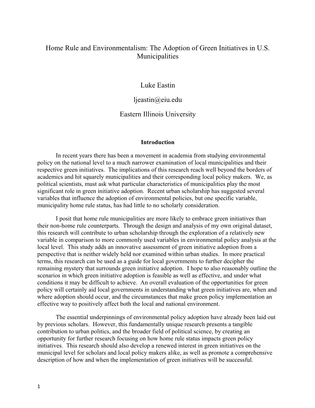 Home Rule and Environmentalism: the Adoption of Green Initiatives in U.S. Municipalities