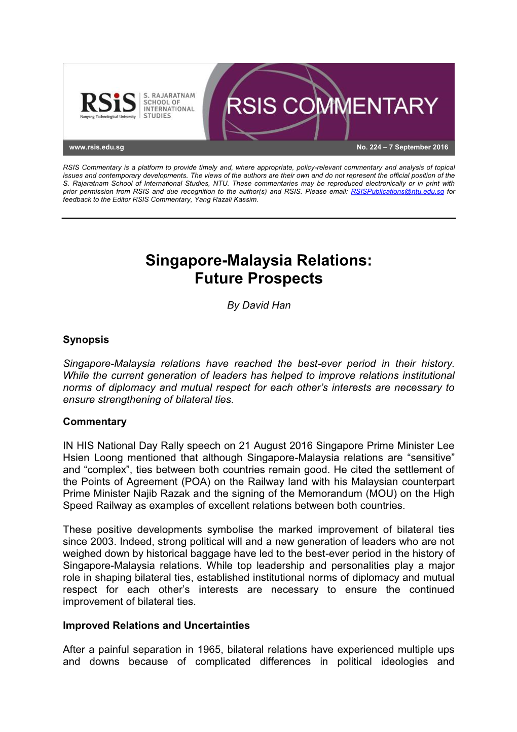 Singapore-Malaysia Relations: Future Prospects