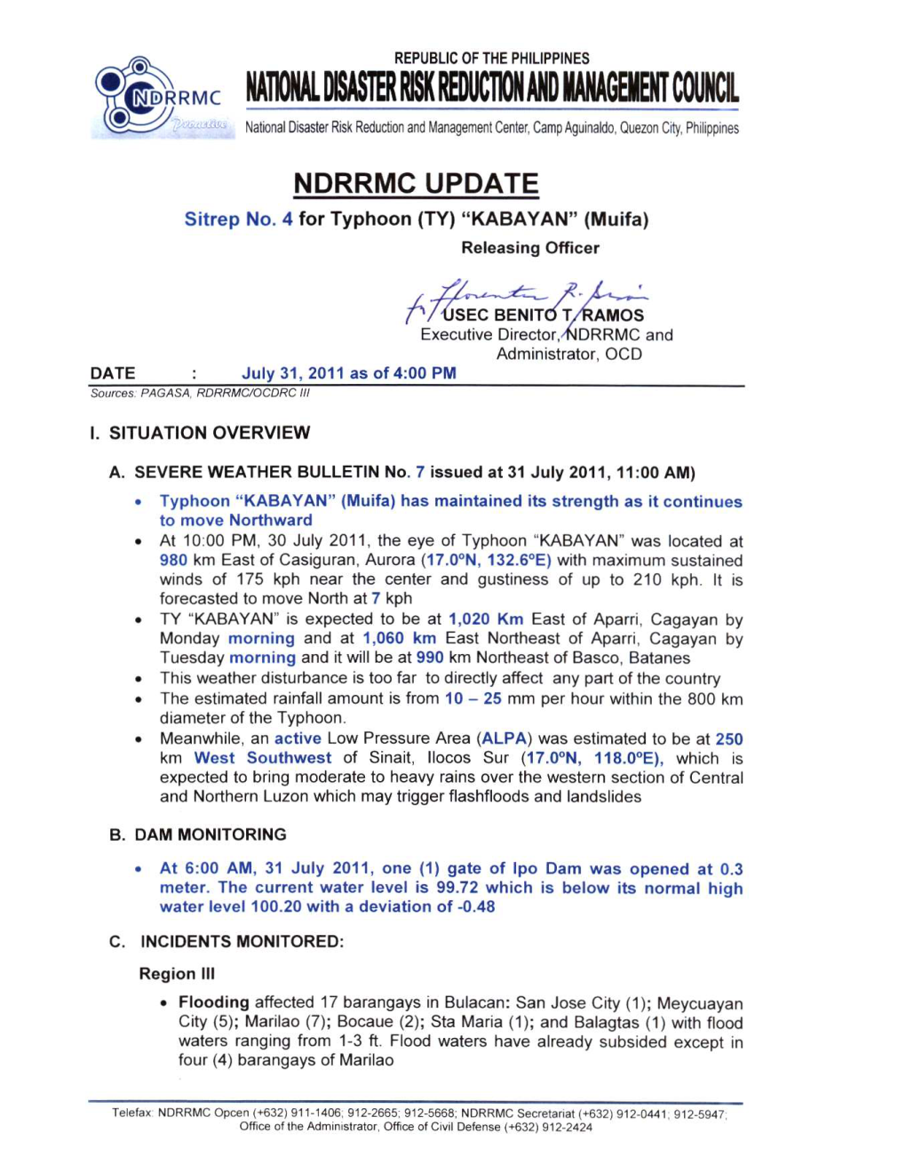 NDRRMC Update Sitrep No. 4 for Typhoon KABAYAN 31 Jult 2011