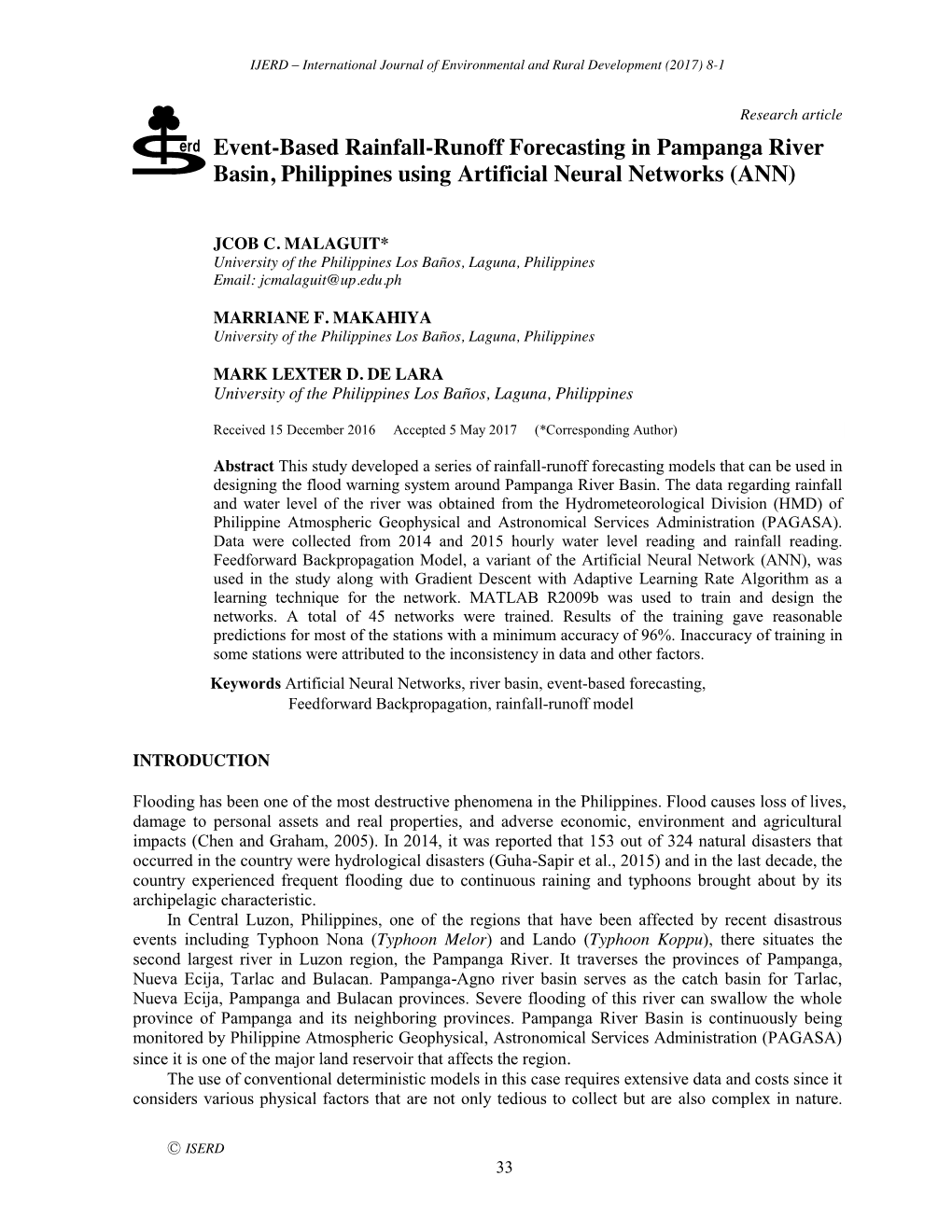 Event-Based Rainfall-Runoff Forecasting in Pampanga River Basin, Philippines Using Artificial Neural Networks (ANN)