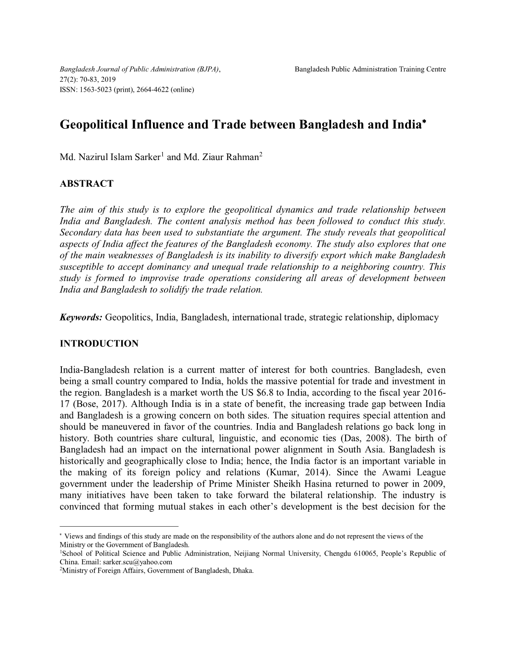 Geopolitical Influence and Trade Between Bangladesh and India