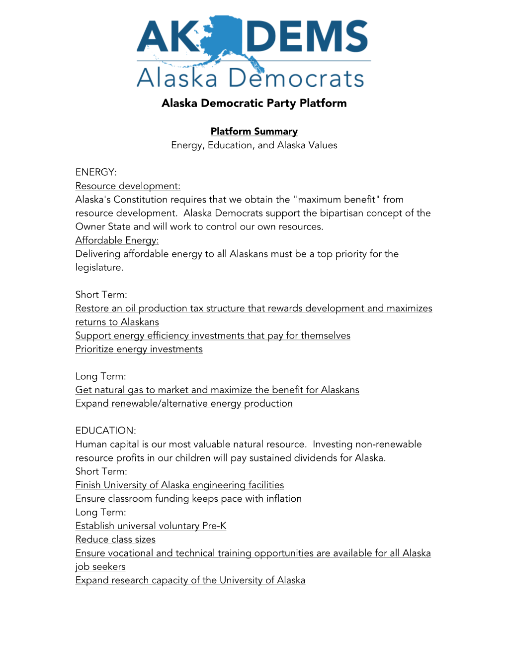 Alaska Democratic Party Platform