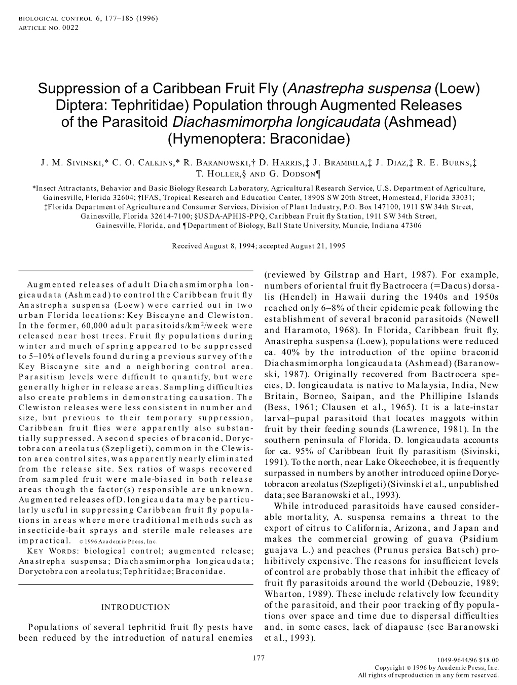 Suppression of a Caribbean Fruit Fly ( Anastrepha Suspensa