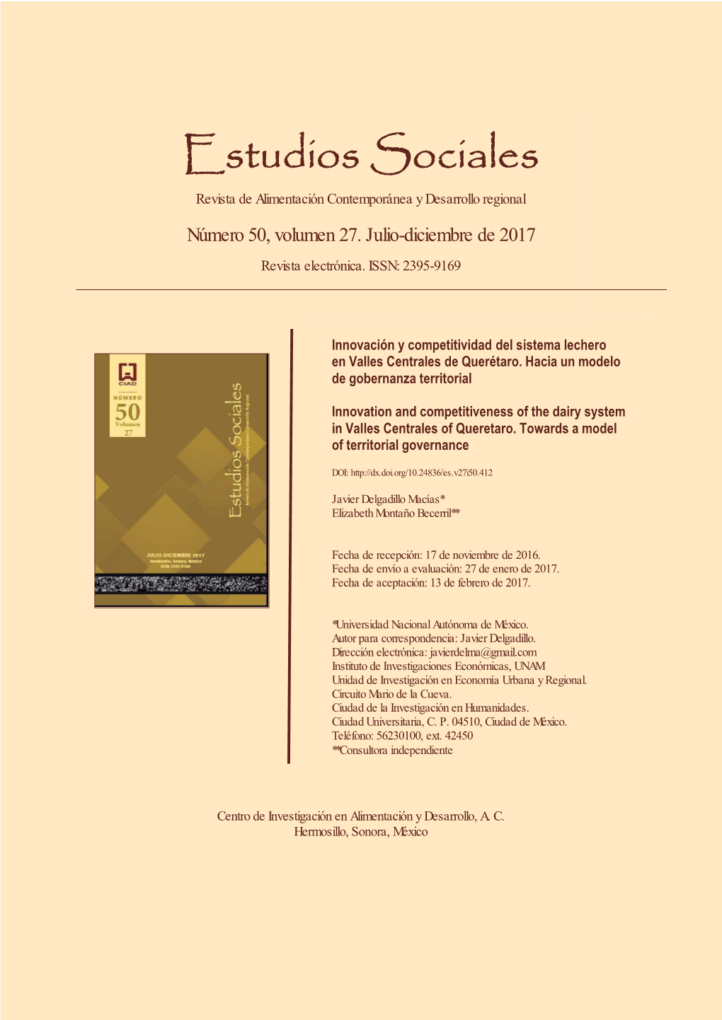 Estudios Sociales Revista De Alimentación Contemporánea Y Desarrollo Regional Número 50, Volumen 27