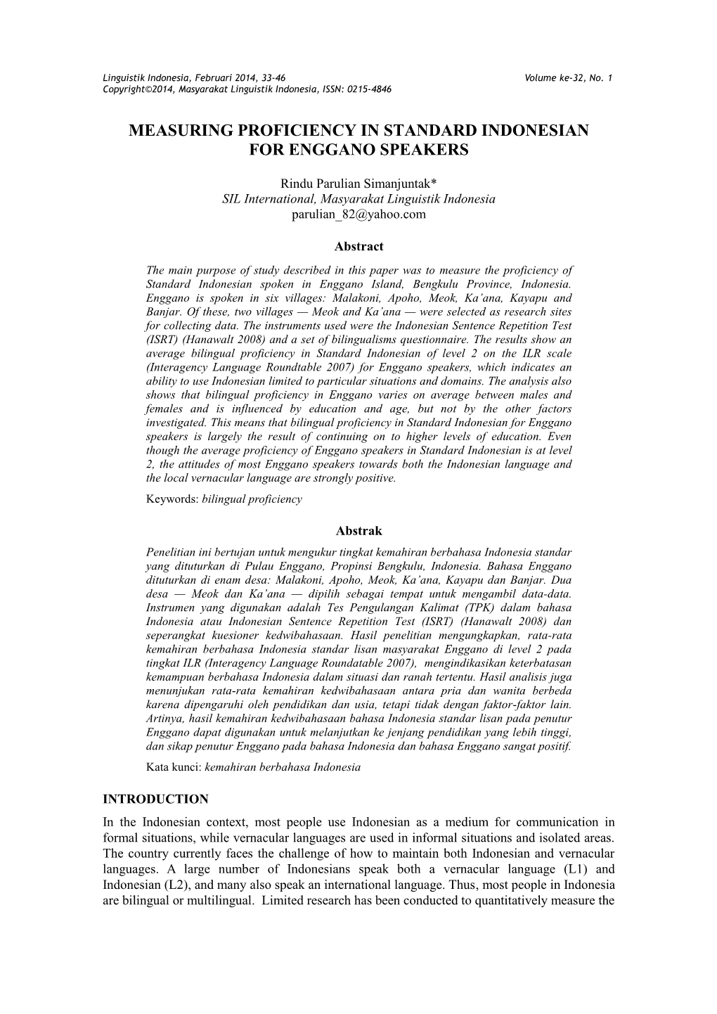 Measuring Proficiency in Standard Indonesian for Enggano Speakers