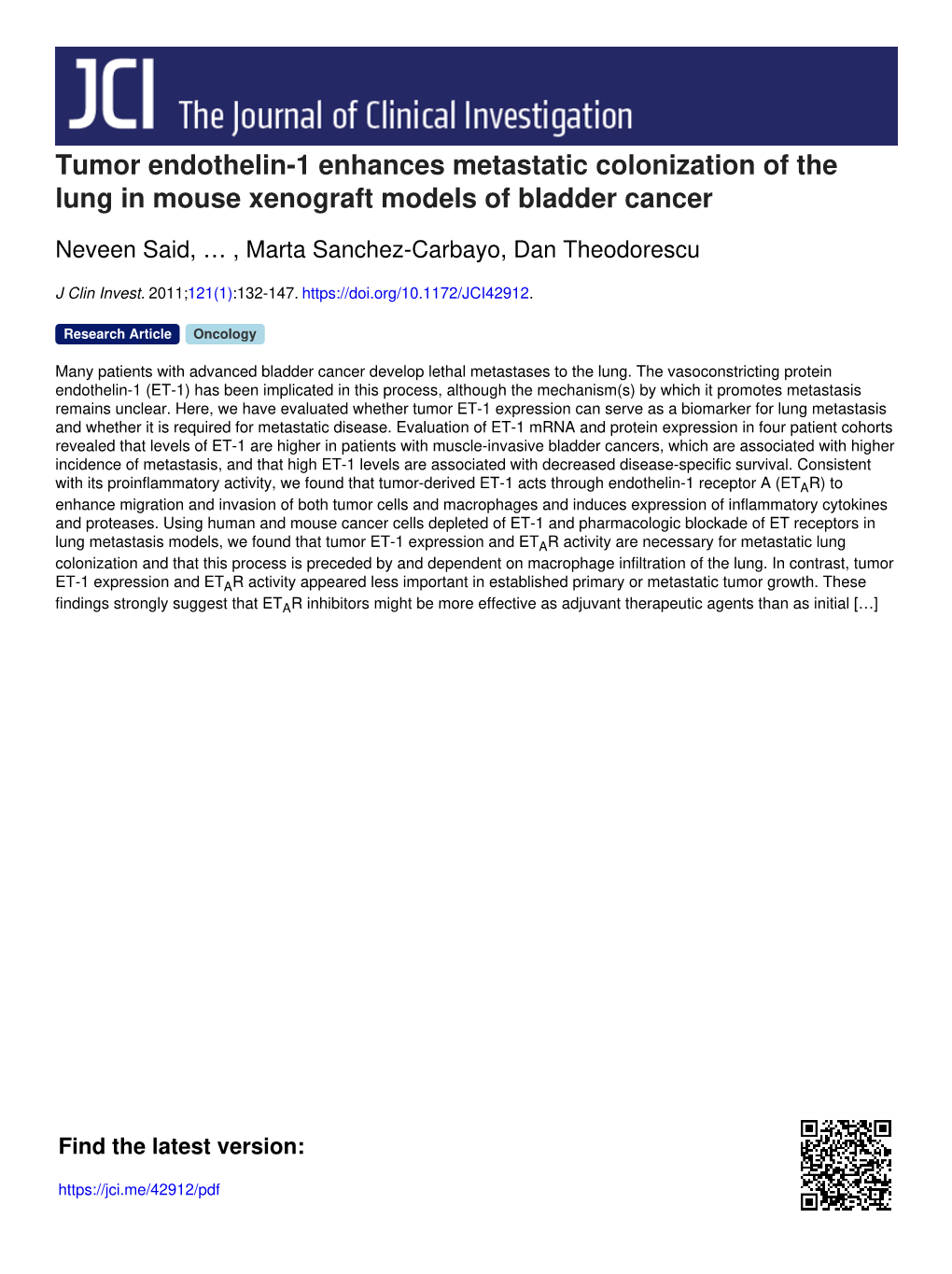 Tumor Endothelin-1 Enhances Metastatic Colonization of the Lung in Mouse Xenograft Models of Bladder Cancer