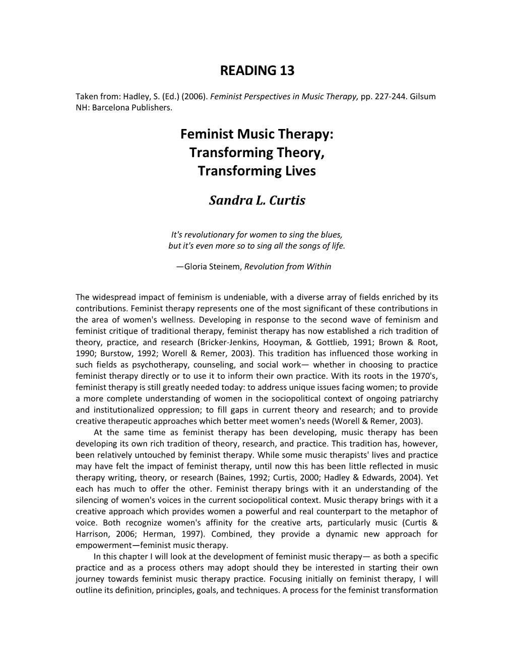 Feminist Music Therapy: Transforming Theory, Transforming Lives