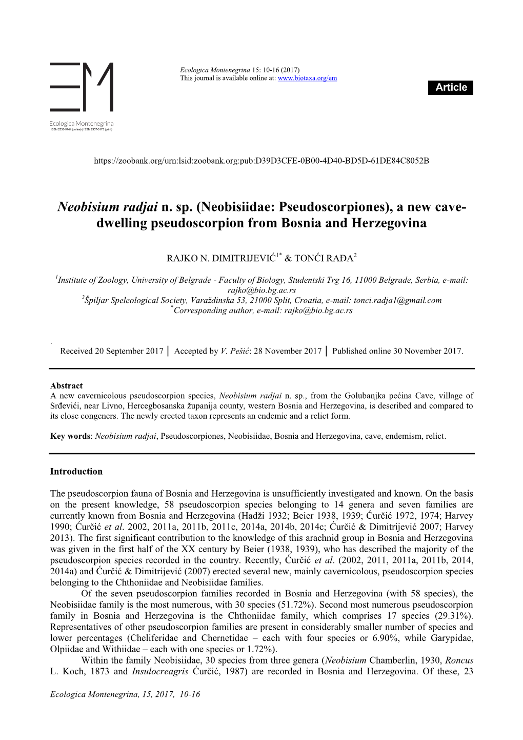 Neobisium Radjai N. Sp. (Neobisiidae: Pseudoscorpiones), a New Cave- Dwelling Pseudoscorpion from Bosnia and Herzegovina